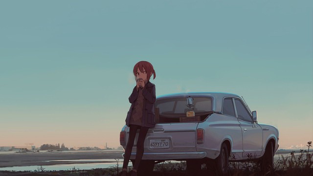 anime girl sipping coffee made in a camp stove out of the back of an old classic nissan in the early morning, with a pink/blue sky and a distant city skyline on the horizon