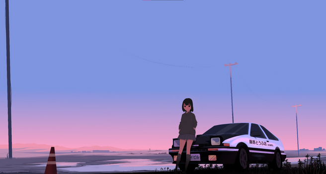 A dark, short-haired anime girl in a skirt and sweater leaning on the front of a Toyota AE86 Trueno parked on the edge of what might be a field or parking lot, with some puddles of water, against a very early morning sky, still mostly blueish with a bit of pink towards the horizon. A lone traffic cone is in the foreground at the bottom left, and some power lines can be seen behind the car as well.