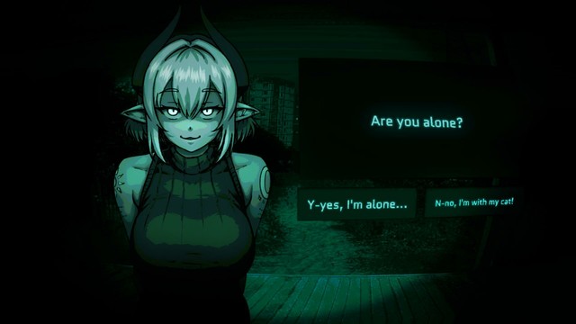 Fan art parody of the horror game "No, I’m Not A Human", featuring my original character Lisa as the eerie visitor at the door. She has short white hair, pointy ears, curved horns, glowing green-yellow eyes and a mischievous smile. The scene is lit in teal "night-vision" tones, with text on the screen asking, "Are you alone?" The player is given two choices: "Y-yes, I’m alone…" or "N-no, I’m with my cat!"