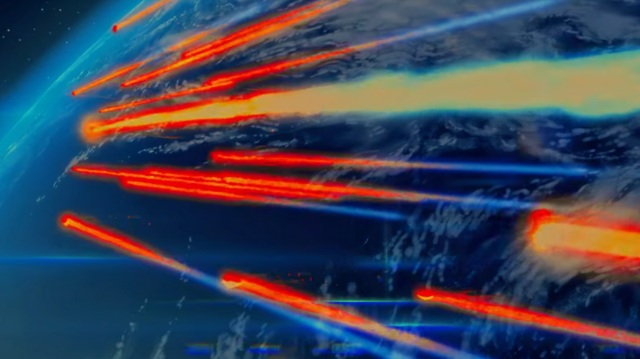 An animated scene showing a group of meteors as they descend through the Earth's atmosphere