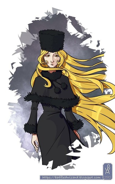 A drawing of the character Maetel from the manga and anime Galaxy Express 999. Maetel has the appearance of a slender woman with long blonde hair and brown eyes. She wears a long black fur-trimmed dress coat with an accompanying fur hat. In the drawing, Maetel is standing facing the viewer with a soulful sad look to her face, her long hair billowing out to one side.