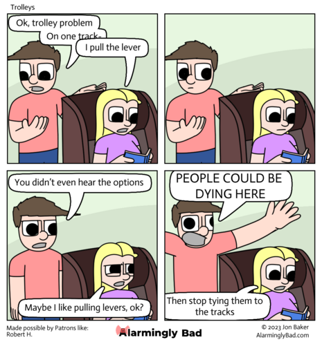 Alarmingly Bad comic about trolley problems