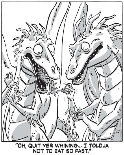 A single-panel comic featuring two dragons mid-meal. One dragon scolds the other for eating too quickly.