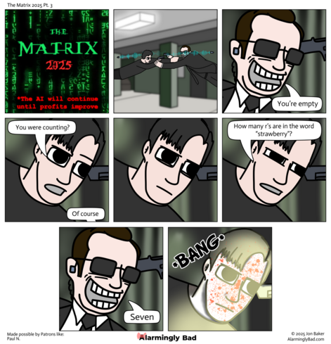 Alarmingly Bad comic where Smith and Neo count the number of r’s in strawberry