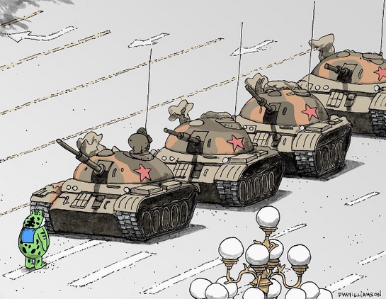 A patriot frog halts a column of tanks