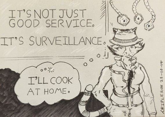 "It's not just good service. It's surveillance." Cameras drop down to observe A'kon.

"I'll cook at home" she thinks.