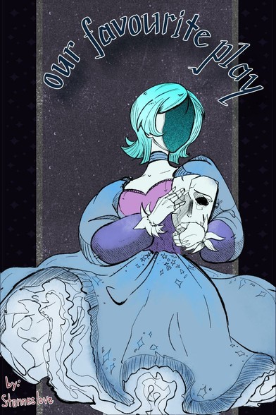 A digital illustration of a bjd doll in fluffy blue and purple dress holding gently a cracked sad mask. The doll has short light blue hair and instead of the face theee is mint blue noise. On the top of the picture there is the title of the future comic: out favourite play
