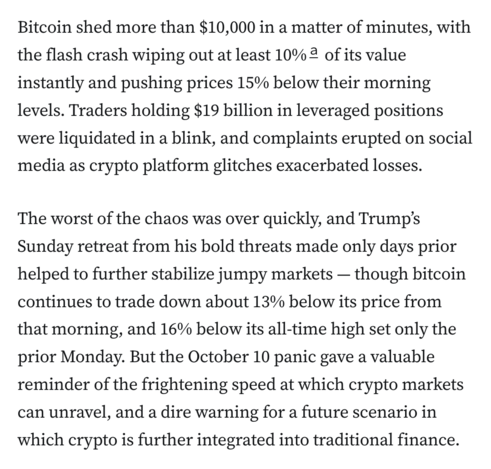 At 4:50 pm on October 10, when traditional markets were closed, Donald Trump launched a new salvo in the simmering US–China trade war. Likely referring to China’s dramatically expanded restrictions on the rare earth minerals it almost singlehandedly controls, Trump posted that he would retaliate with an imminent 100% tariff increase on the country and new export controls on software. The timing muted the announcement’s impact on US equities markets and left Asian markets largely untouched,1 but crypto absorbed the full shock of the Trump-induced panic. The episode compressed a global liquidity crisis into less than an hour — a sign that the market most eager to be taken seriously may also be the one least equipped to handle real-world shocks.