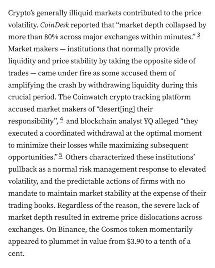Crypto’s generally illiquid markets contributed to the price volatility. CoinDesk reported that “market depth collapsed by more than 80% across major exchanges within minutes.”3 Market makers — institutions that normally provide liquidity and price stability by taking the opposite side of trades — came under fire as some accused them of amplifying the crash by withdrawing liquidity during this crucial period. The Coinwatch crypto tracking platform accused market makers of “desert[ing] their responsibility”,4 and blockchain analyst YQ alleged “they executed a coordinated withdrawal at the optimal moment to minimize their losses while maximizing subsequent opportunities.”5 Others characterized these institutions’ pullback as a normal risk management response to elevated volatility, and the predictable actions of firms with no mandate to maintain market stability at the expense of their trading books. Regardless of the reason, the severe lack of market depth resulted in extreme price dislocations across exchanges. On Binance, the Cosmos token momentarily appeared to plummet in value from $3.90 to a tenth of a cent.