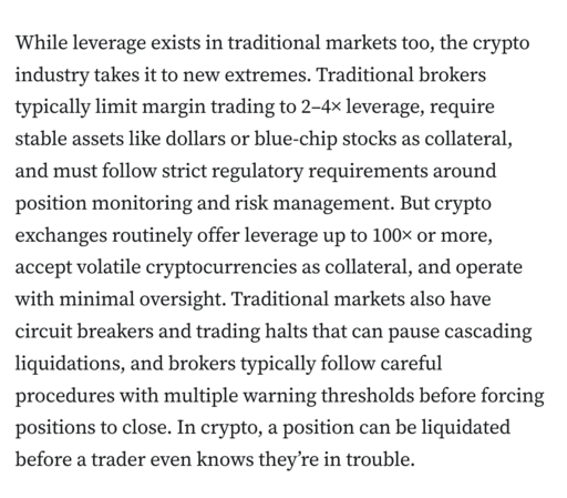 While leverage exists in traditional markets too, the crypto industry takes it to new extremes. Traditional brokers typically limit margin trading to 2–4× leverage, require stable assets like dollars or blue-chip stocks as collateral, and must follow strict regulatory requirements around position monitoring and risk management. But crypto exchanges routinely offer leverage up to 100× or more, accept volatile cryptocurrencies as collateral, and operate with minimal oversight. Traditional markets also have circuit breakers and trading halts that can pause cascading liquidations, and brokers typically follow careful procedures with multiple warning thresholds before forcing positions to close. In crypto, a position can be liquidated before a trader even knows they’re in trouble.