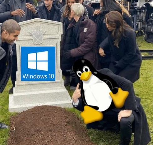 Windows 10 grave and Tux taking a selfie with it meme