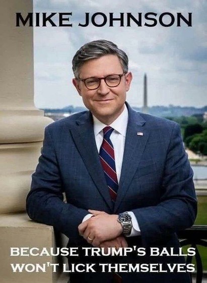 Photo of Mike Johnson, US Speaker of the House, with the words "Mike Johnson. Because Trump's balls won't like themselves."