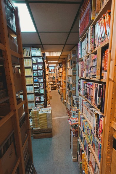 Shelves packed with books and comic books.