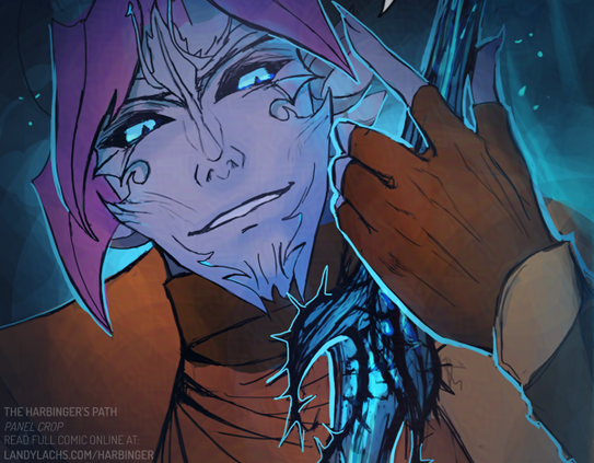 Comic panel crop showing Malyck from Guild Wars 2 holding his "Crying Thorn" dagger as he sneers down toward the viewer.