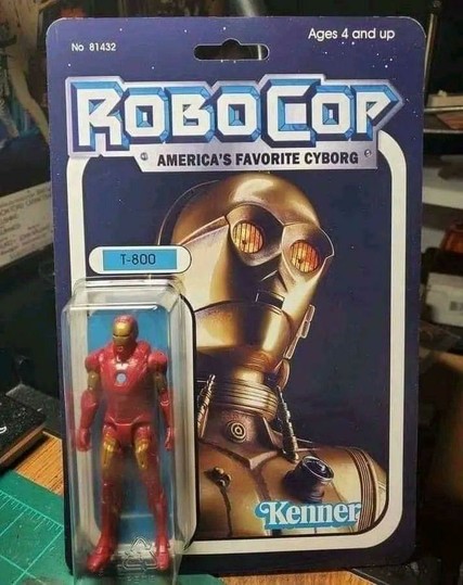 Fake toy packaging: Image of C3PO. Actual toy of Iron Man. They Toy is labelled T-800. The package says: "Robotcop - America's favorite cyborg" (Ages 4 and up, Kenner)