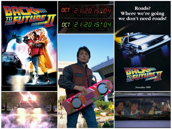 A compilation of images consisting of:

Two "Back to the Future Part II" posters, on the left the Drew Struzan one with Marty and the Doc in futuristic clothing standing next to the DeLorean , to the right a poster featuring a flying DeLorean with the film logo and the tagline "Roads? Where we're going we don't need roads!"

In the middle there is a close up of the date October 21 2015 and a picture of a startled Marty McFly holding a pink hovercraft.

At the bottom, to the left there is a flying DeLorean  from the beginning of the film, and to the right a close shot of Doc Brown, Marty, and Jennifer as the Doc is saying the iconic "we don't need roads!" line from the film.