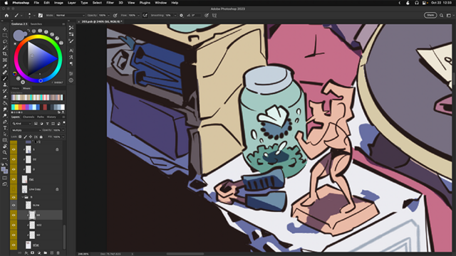 A screenshot of Adobe Photoshop, displaying a WIP page of Rising Sand wherein a moss ball wearing a cowboy hat observes a statuette of a buff boy.