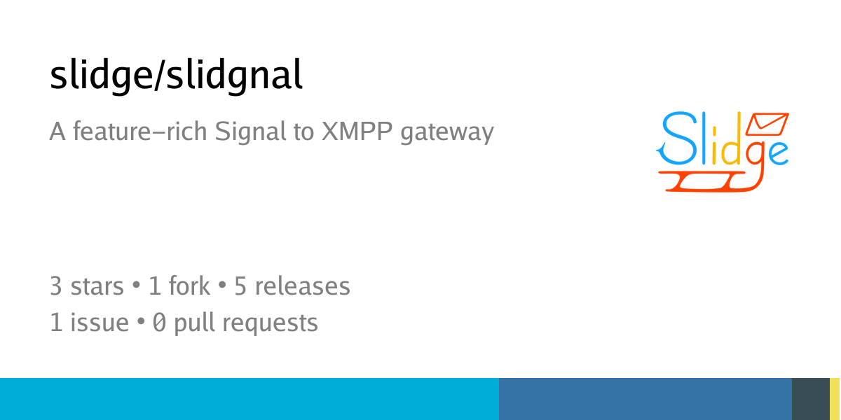 Summary card of repository slidge/slidgnal, described as: A feature-rich Signal to XMPP gateway